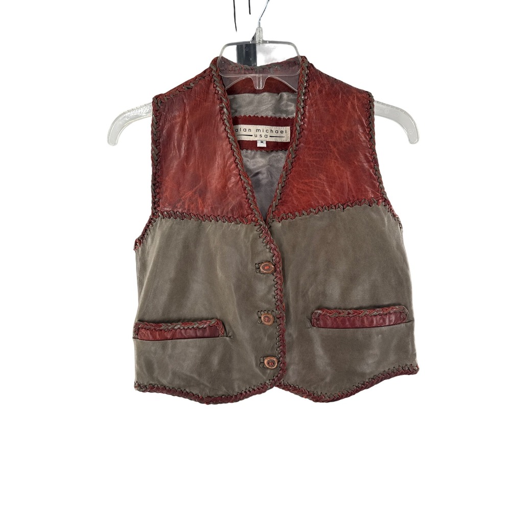 Alan Michael USA Leather Vest Women Medium Two Tone Whipstitch Horn Button Green